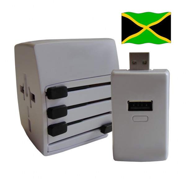 Welt Reisestecker Jamaika mit 2 USB Ports + extra Powerbank