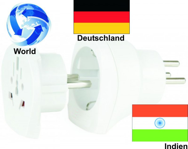 Reiseadapter Urlaub Reise Stecker Welt auf Indien + Deutschland - Kombi Adapter 1.500215