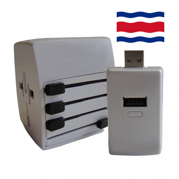 Welt Reisestecker Costa Rica mit 2 USB Ports + extra Powerbank