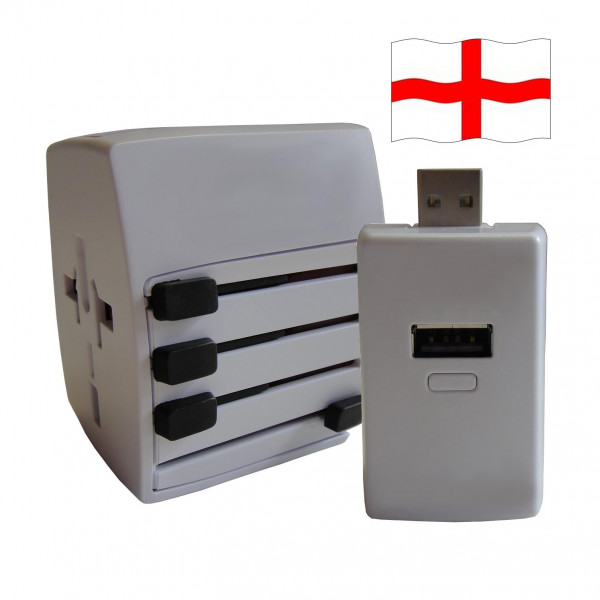 Welt Reisestecker England mit 2 USB Ports + extra Powerbank