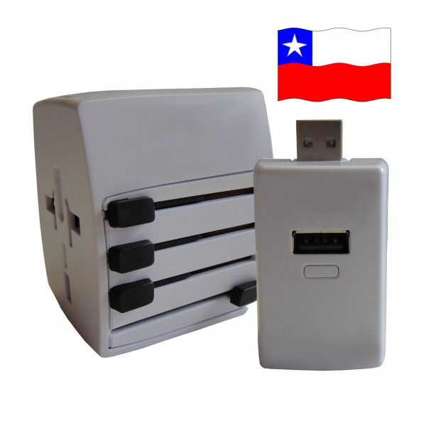 Welt Reisestecker Chile mit 2 USB Ports + extra Powerbank