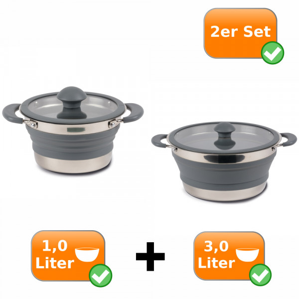 Faltbare Kochtöpfe - 2er Set - Camping Kochtöpfe zum Falten 1,0 + 3,0 Liter grau