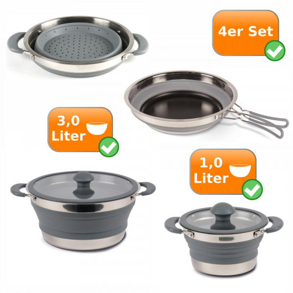Faltbares Küchenset - 4er Set - 1,0 Liter Topf + 3 Liter Topf + Sieb + Pfanne grau