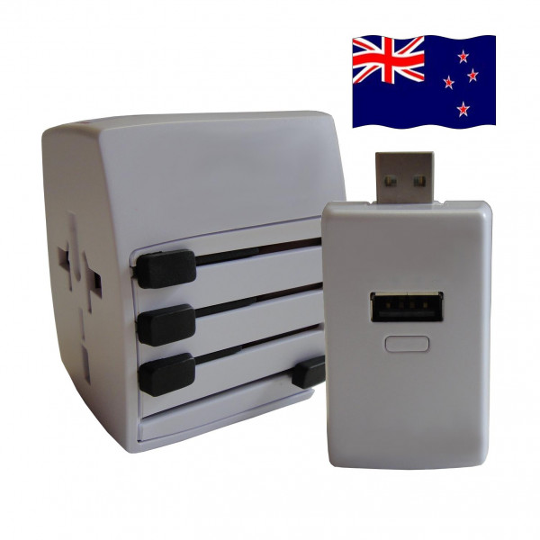 Welt Reisestecker Neuseeland mit 2 USB Ports + extra Powerbank
