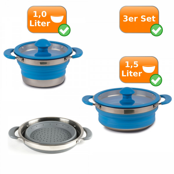 Faltbares Küchenset -3er Reise Set- 1Liter Topf &amp; 1,5Liter Topf blau + Sieb grau